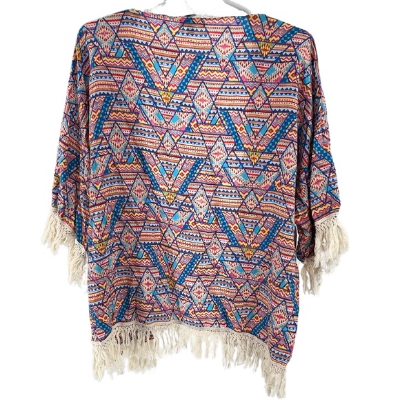 Kori America fringe kimono s/m colorful Aztec geometric lightweight coverup - Picture 2 of 6
